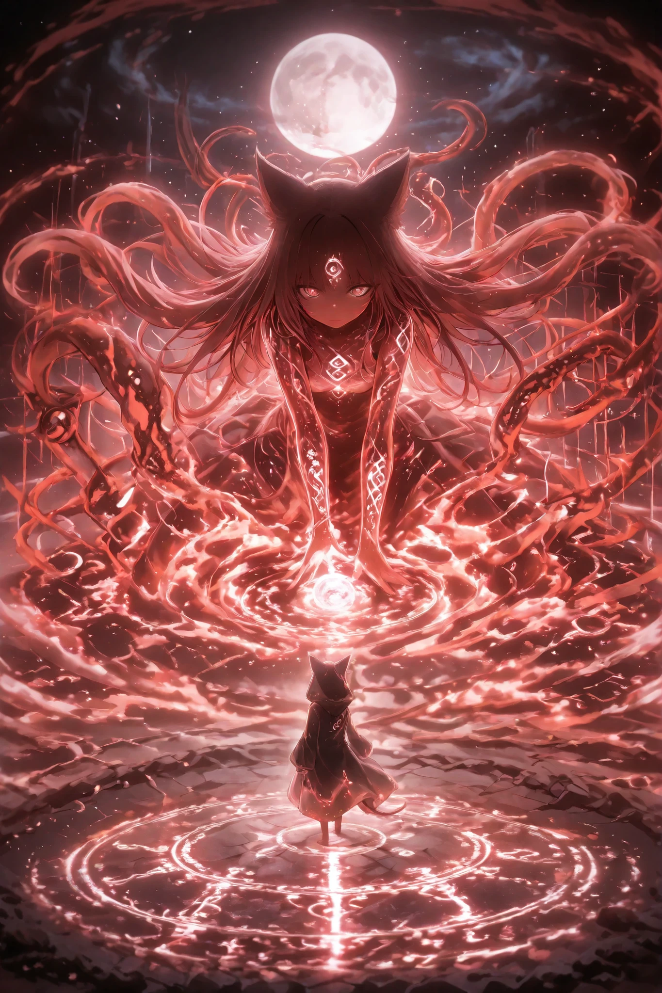 A dark, futuristic ritual scene on an alien planet. Two mysterious figures in hooded space robes stand within a glowing, high-tech summoning circle etched into the rocky ground. The sky is filled with swirling cosmic clouds, distant stars, and a cracked moon. From the center of the circle, a massive demonic entity begins to emerge — a Space Demon with twisted biomechanical limbs, glowing red eyes, and a body made of both flesh and alien metal. The air is electric with energy, runes floating mid-air, and strange symbols illuminating the ritual site. Style: dark sci-fi fantasy, cinematic lighting, high detail, concept art.