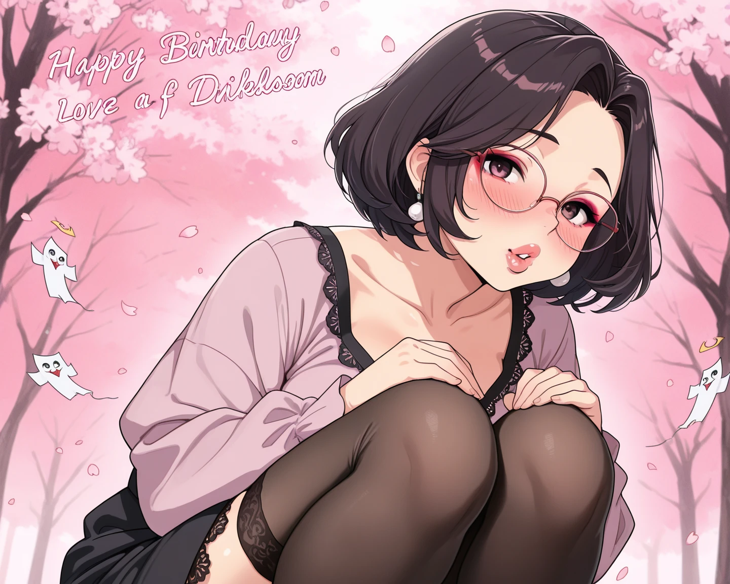 Beautiful mature 55 year old Japanese woman, 1 female, Married women, Long eyelashes, Bob Haircut, Flowing Hair, Red lipstick, Pink Cheeks, Pearl Necklace, Earrings, Dark eyeshadow, wear glasses, Nipples, ((Completely naked)), Beautiful body, Sitting on the couch, ((Pink Background)), ((Full Body Focus)), Pussy, Browsing Caution