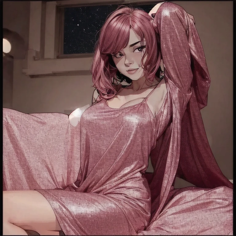 1girll,（enchanced quality：1.4），（Top quality true texture skin), Delicate face,Black hair, Gradient hair,  body,（perfect bodies：1.1）, There are precious stones on the forehead, rimless eyewears, Sparkling pupils，long eyelasher,grin, hyper photorealism, Cinematic lighting, projected inset, surrealism, hyper HD, Masterpiece, 16k，Lie down，dream on，Wear transparent silk pajamas,Carmelto,Legs slightly open，Tattooed with，Fantasy space，Luxurious space