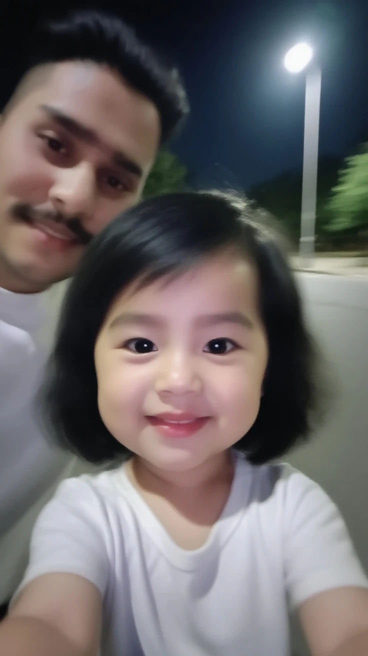 Man riding a motorcycle，stubbles，green tank top，cruel；The little girl laughed happily，Hand Biye