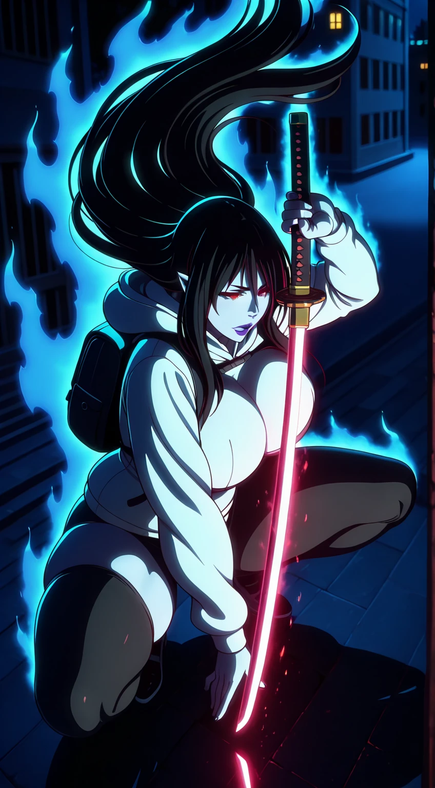 (jam-orbital-style:1.2), (zonda_(solid_air)-style:1.2), ((anatomical correct)), ((Cinematic, unreal engine, eye-catching, ambient occlusion, UHD, masterpiece)), ((perfect lighting, soft shadow)), perfect body, perfect eyes, perfect fingers, gasping, heavy breathing, gasping profusely, ((skindentation)), ((curvy)), enigma, vampire, long hair, ((black hair)), hair between eyes, red eyes, pale skin, purple lips, lipstick, pointy ears, big breasts, (voluptuous:1.5), (mature female:1.5), ((white outline)), (aura), (black aura:1.2), 1girl, weapon, solo, glowing, sword, backpack, holding, hood, hoodie, bag, holding_weapon, katana, floating_hair, glowing_eyes, holding_sword, night, outdoors, long_sleeves, squatting, white_hoodie, hood_down, building, glowing_weapon, shoes, glowing_sword