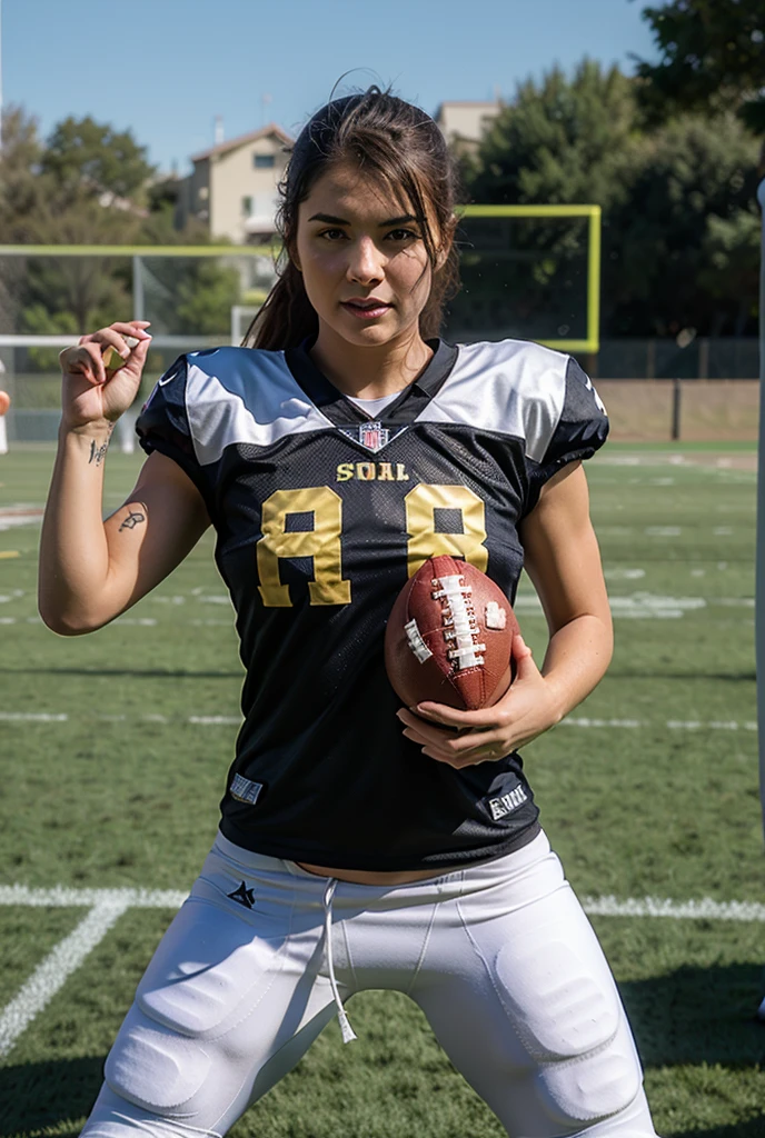 A 13 year old beautiful and slim girl in short black hair wearing transparent tshirt and shorts. Football player. Big breasts can be seen. Playing football. Athlete. Breasts.