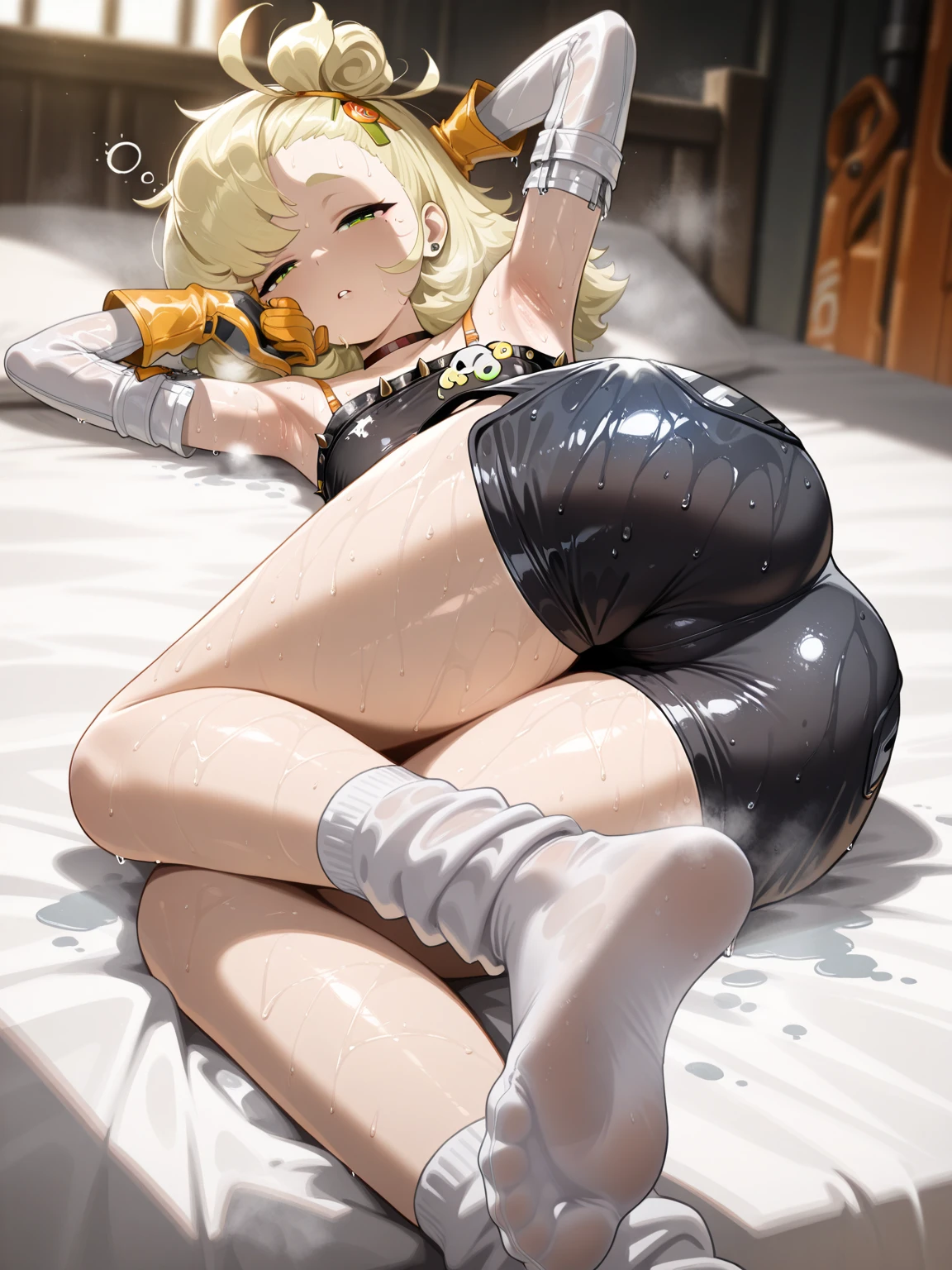 Flowing white hair, melancholy eyes, yellow pupils, black diamond-shaped hairpins, many tiny feathers dancing, wearing a see-through gown, lying on a super huge,very soft, golden silk cushion in a large position, resting all her weight on it,She's sweating profusely. She's blushing. Luxurious room, Panting, Legs spread apart. Eyes closed, teeth clenched. The cushion is stained with her sweat. She's sweating like crazy. Lots of water dripping from her body. Lots of sweat,crying, Many tears