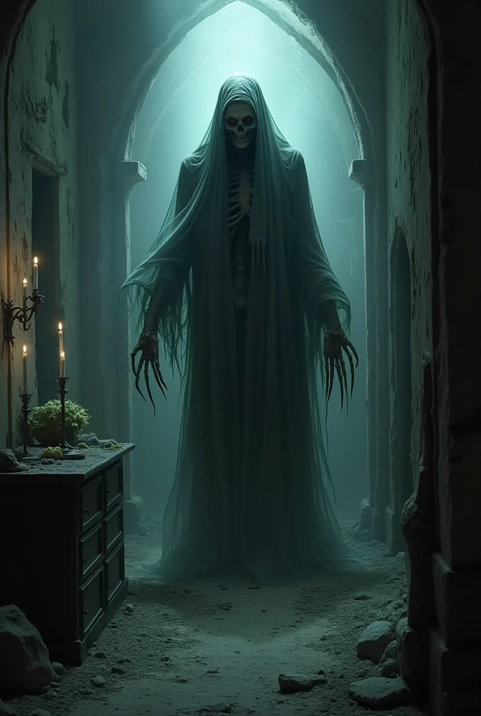 (medium full shot) of (spectral ghost) ethereal figure, transparent fading body, fading hands, faintly glowing blue eyes, translucent, cloaked in shadows, slightly hazy with a chilling atmosphere, ominous, with a flowing cape, holding a broken skull, set in  a grand but decaying mansion, with broken windows, overgrown gardens, a mysterious aura, at night, amidst a thick fog, ,Masterpiece,best quality, photo, realistic, very aesthetic, detailed face,