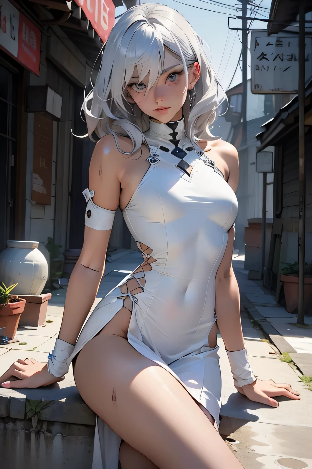 masterpiece, best quality, anachirox, twintails, very long hair, white bodysuit, see-through, cleavage cutout, white hair, expressionless, hair over one eye, destroyed building, soft particles, mist, ashes, dark, nightmare, backlighting