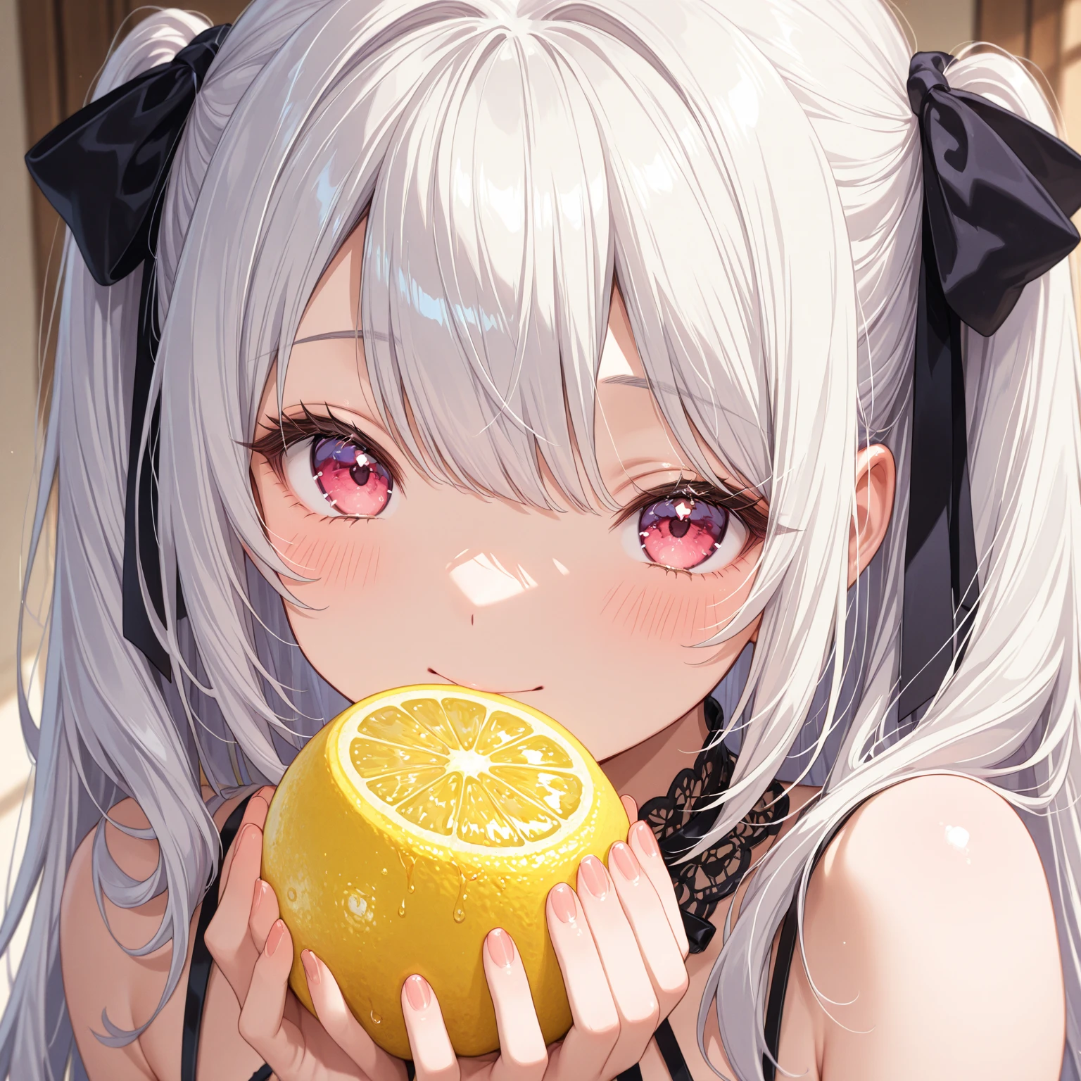 (masterpiece, best quality:1.5), (ultra detailed, high resolution, 8k, beautiful detailed, UHD, best ), 1 cute girl, white hair, medium breasts, Peeling and  a banana