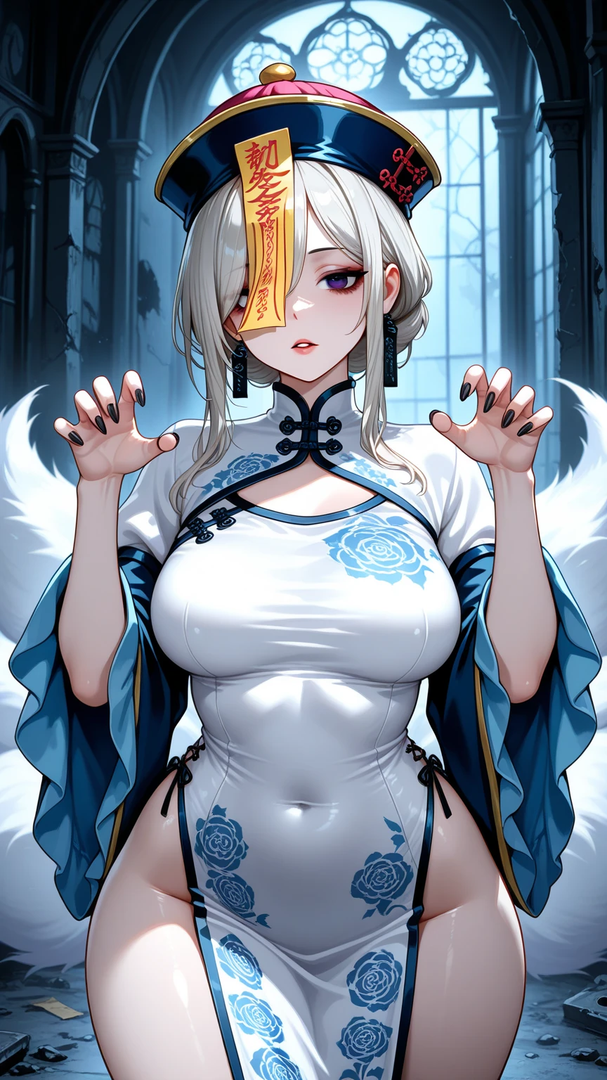 cemetery, dress, braid, chinese clothes, headwear, ofuda, jiangshi, qing guanmao, absurdres, RAW photo, extremely delicate and beautiful, masterpiece, Best Quality, ultra high resolution, 32k, hyperrealistic, ultra-detailed, detailed description, pale skin, 20 years old, tearful mole, earring, Colossal tits, short medium hair, wavy hair, whole body shot,