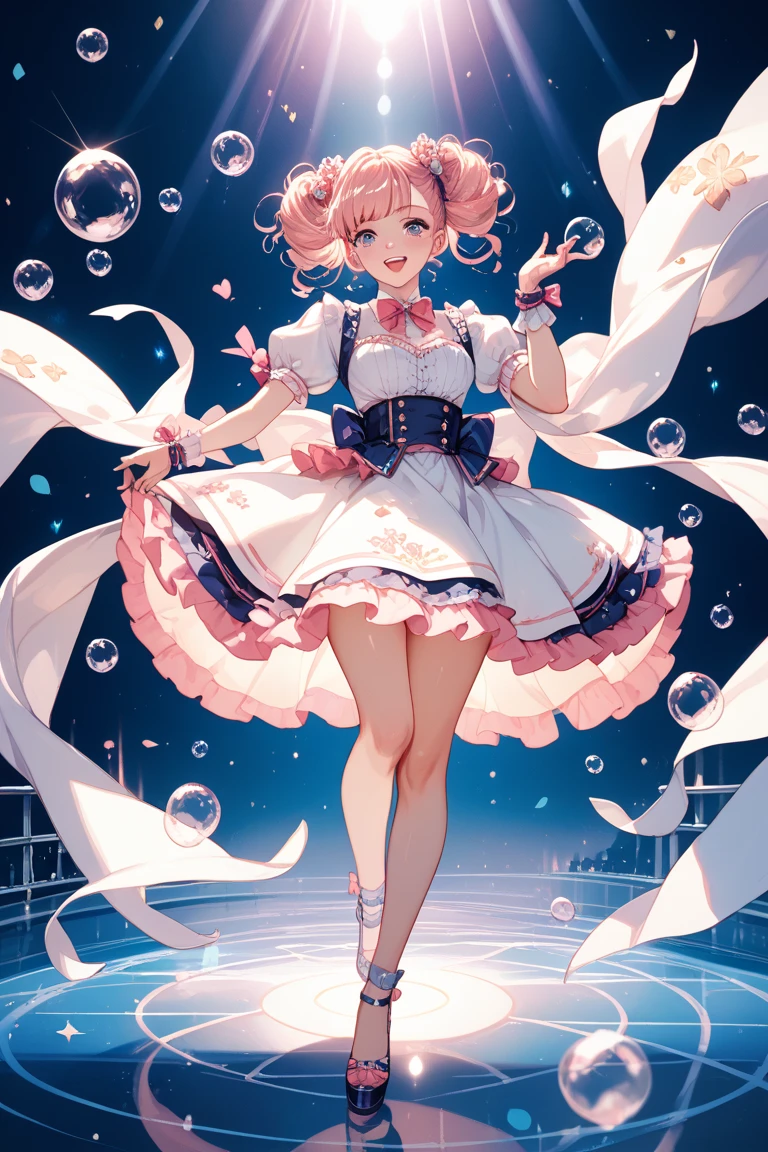 Masterpiece, best quality, super detailed, illustration, medium view, beautiful detailed eyes, ((far view, wide angle 1.31)), (glass jar:1.15),(girl in jar:1.35):(sitting girl), white hair, pink bow, sexy, facing face, big breasts, cleavage, big breasts, blushing, masturbation, Grab your own breasts, Spread your legs, bare legs, Raise your legs, underboob, visible bellybutton, pink hair, bow, purple bow