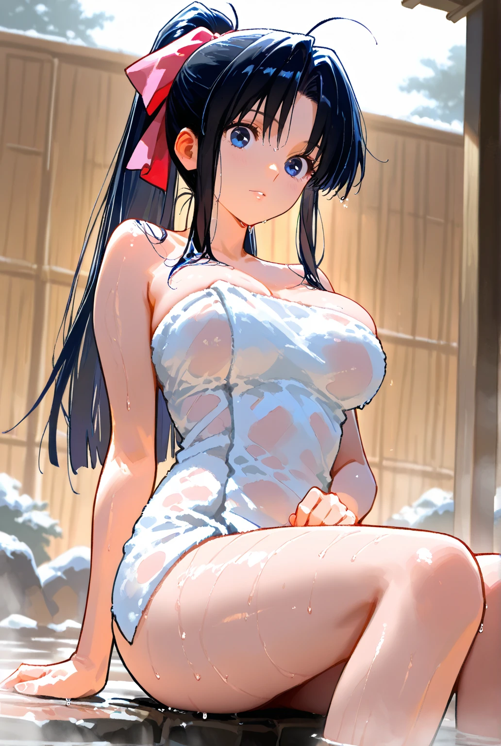 1girl, solo, nsfw,, (wearing nothing: 1.5), large breasts., empty eyes , shizu murasame, long hair, blue eyes, black hair, sidelocks, hime cut, bangs, blunt bangs,, nipple, big breasts, Abandoned amusement park、 file, crying ,flooding, abandoned hospital, heavy snowfall, frozen, whole body, Peeing, lactation, projectile lactation
