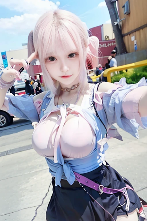 araffe dressed in a costume with a bow and a tie, anime girl cosplay, (ahegao), anime cosplay, cosplay, ((very big breasts)), sakimichan, guweiz, ahegao face, anime goddess, pink twintail hair and cyan eyes, fairycore, anime inspired, belle delphine, sakura kinomoto, y 2 k cutecore clowncore, (pureerosface_1:0.33), (ulzzang-6500:0.33),