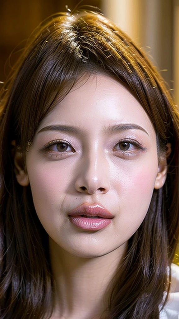 Beautiful Japanese,1 girl(masterpiece:1.2, highest quality), (Realistic, photoRealistic:1.4),, Keep your eyes clearly focused, Nose and mouth,Face Focus, Extreme close up of face、 Age 35,Black Hair、Symmetrical face,Realistic nostrils、Angle from below、Elongated C-shaped nostrils(Sharp Nose)Sweaty skin、Shiny skin,((Brow wrinkles)))(On the tongue)、Deep Kiss、((Thin eyebrows))Oily skin、glistening shining skin、double eyelid、Beautiful woman、Medium Hair,Rolling your eyes,、Shortcuts((half-closed eyes:1.5, frown:2.0, grimace, scowl))((oily skin,sweat))((Shiny skin)((Sweaty skin))(((licking lips)))