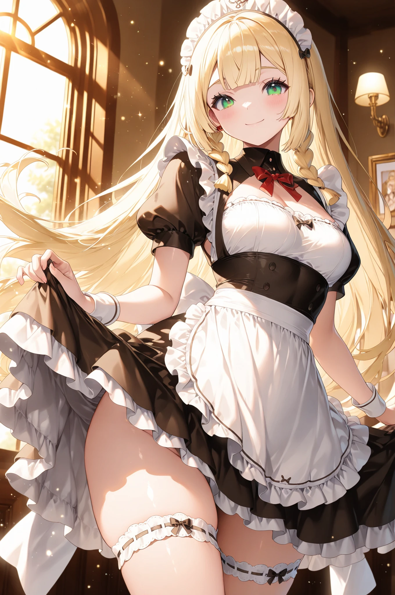 slim legs, cleavage, short skirt, navel, blue eyes, thigh high socks, stand, blonde hair, long hair, short skirt, durandal, happy, maid uniform, kitchen