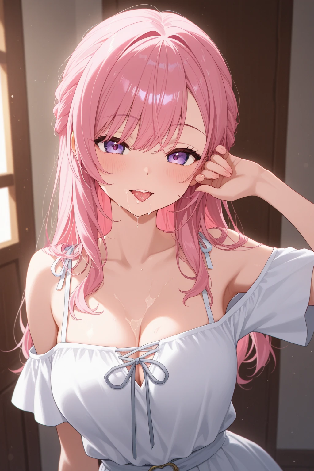 (masterpiece:1.3, top-quality, ultra high res, ultra detailed), (cleavage:1.4),(realistic, photorealistic:1.4), beautiful illustration, perfect lighting, natural lighting, colorful, depth of fields, surrealism, (embarrassed,blush:1.3),
beautiful detailed hair, beautiful detailed face, beautiful detailed eyes, beautiful clavicle, beautiful body, beautiful chest, beautiful thigh, beautiful legs, beautiful fingers, shiny skin,
looking at viewer, 1 girl, japanese, high school girl, (perfect anatomy, anatomically correct, super detailed skin), cute and symmetrical face, babyface, perfect face, perfect eyes,
(middle hair, two side up, pink hair), crossed bangs, purple eyes, drooping eyes, big eyes, long eyelashes, (large breasts, seductive thighs, skindentation), slender, outstanding style,
((detailed cloth texture, white collared shirt, blue pleated skirt, dark red neck ribbon), black thigh-highs, loafer),
(beautiful scenery), late afternoon,hands on chest, (lovely smile, upper eyes, open mouth small),
