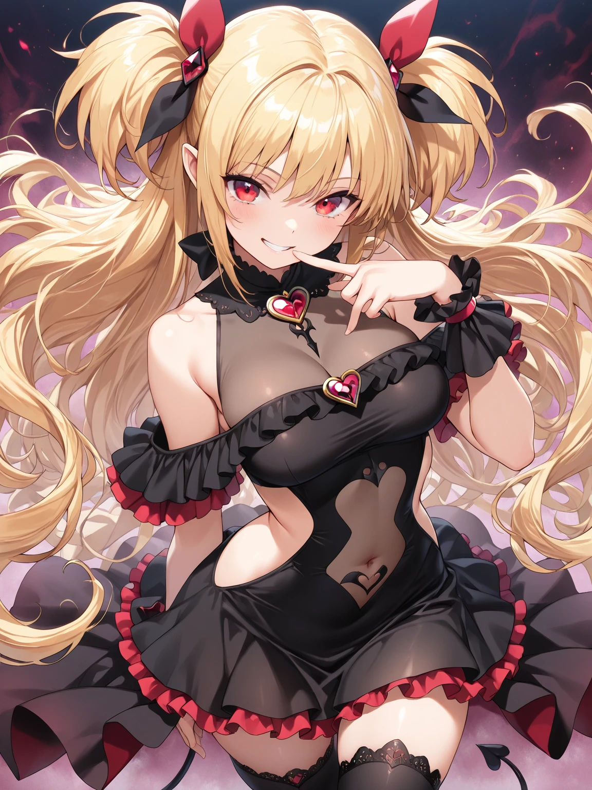1girl, dress, solo, shaded face, small breasts, long_hair, hair_ornament, gloves, black_dress, thighhighs, hair_flower, flower, elbow_gloves, yellow_eyes, red halo, looking_at_viewer, black_thighhighs, halterneck, black_gloves, expressionless, closed mouth, criss-cross_halter, rose, bare_shoulders, white_hair, frills, clothes_lift, frilled_dress, skirt_hold, cleavage cutout, garter belt, sitting, crossed legs, simple background, white background