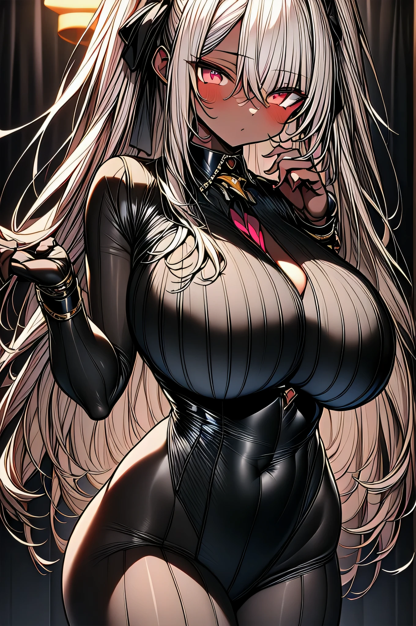 Beautiful woman, extremely long hair , ((silver hair:1.3)) , wavy hair, ((very large chest:1)) , full lips , pink iris , fit body , ((brown skin:1.3)), ((dark skin:1)), has striking long, white hair that flows down to her mid-back, strong and determined facial structure, light pink eyes , eyebrows are thin and arched, powerful and athletic build, She is notably tall and statuesque, well-defined muscles, age 33
(masterpiece, best quality:1.3),beautiful detailed glow,best illuminate,(((best quality,textile shading,ultra detailed))),extremely detailed CG unity 8k wallpaper,Highly Detailed beautiful and aesthetic,best light,high resolution,detailed,dynamic lighting , 1Character , pastel washed out colors , cell shade , soft, muted shades ,gentle colors ,
Wearing an orange turtle neck , close up head shot , fall colors , orange brown and leaves in the background, background blur, fall scene,
