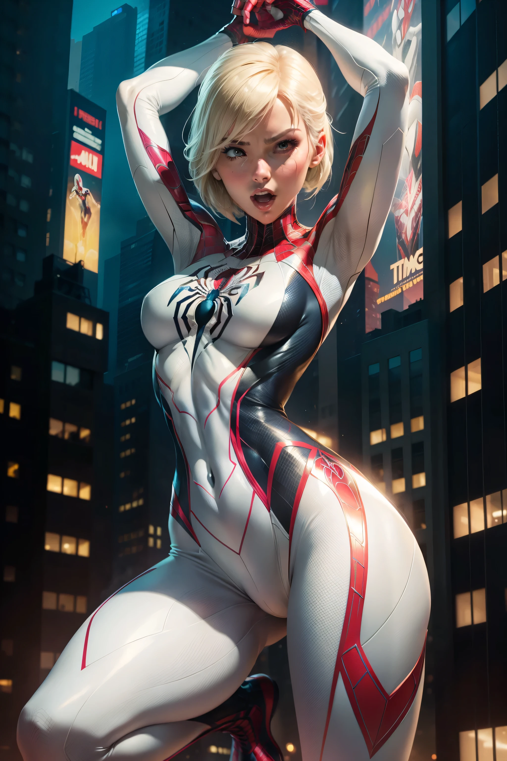 Female Spider-Man Gwen,White suit,Black spider symbol,Ballet Shoes,Golden ratio body, Flexible body,Calm expression,New York City at night,Handsome gestures,heroism,majestic appearance,8 Pack Abs、(camel's toe:1.3)