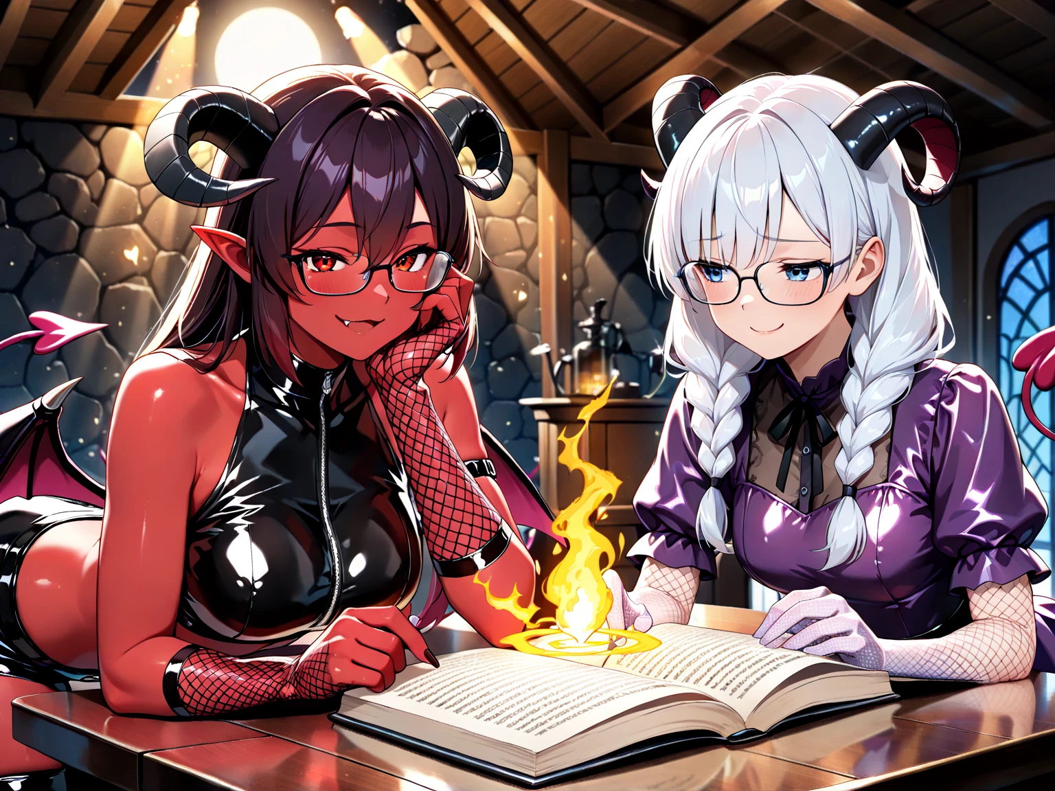 attractive 25 year old woman, (extremely sexual:1.2), earrings, succubus, gorgeous, dark lipstick, eyeliner, heavy makeup, big beautiful eyes, Lacy dress, horns, (tail:1.2), (bright red skin:1.2), (black hair:1.2), blushing deeply, arms crossed over chest, annoyed pout, deep cleavage, sitting on desk, in classroom (masterpiece, high resolution, ultra detailed eyes, ultra realistic, beautiful lighting, 4K, 8k, highly detailed)