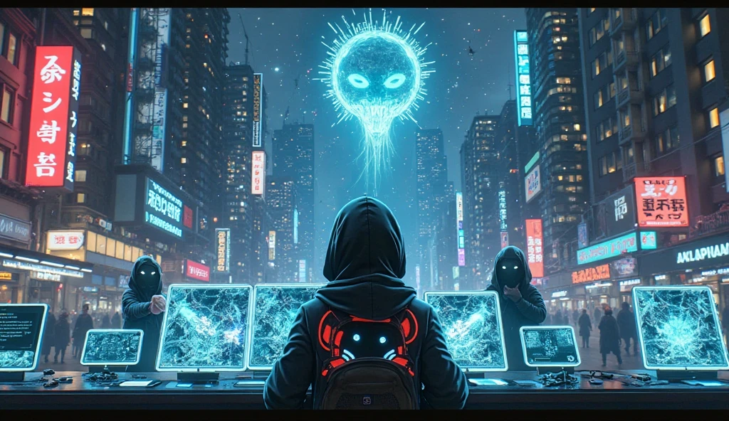 (Glitch Art), holographic WiFi virus attached 
