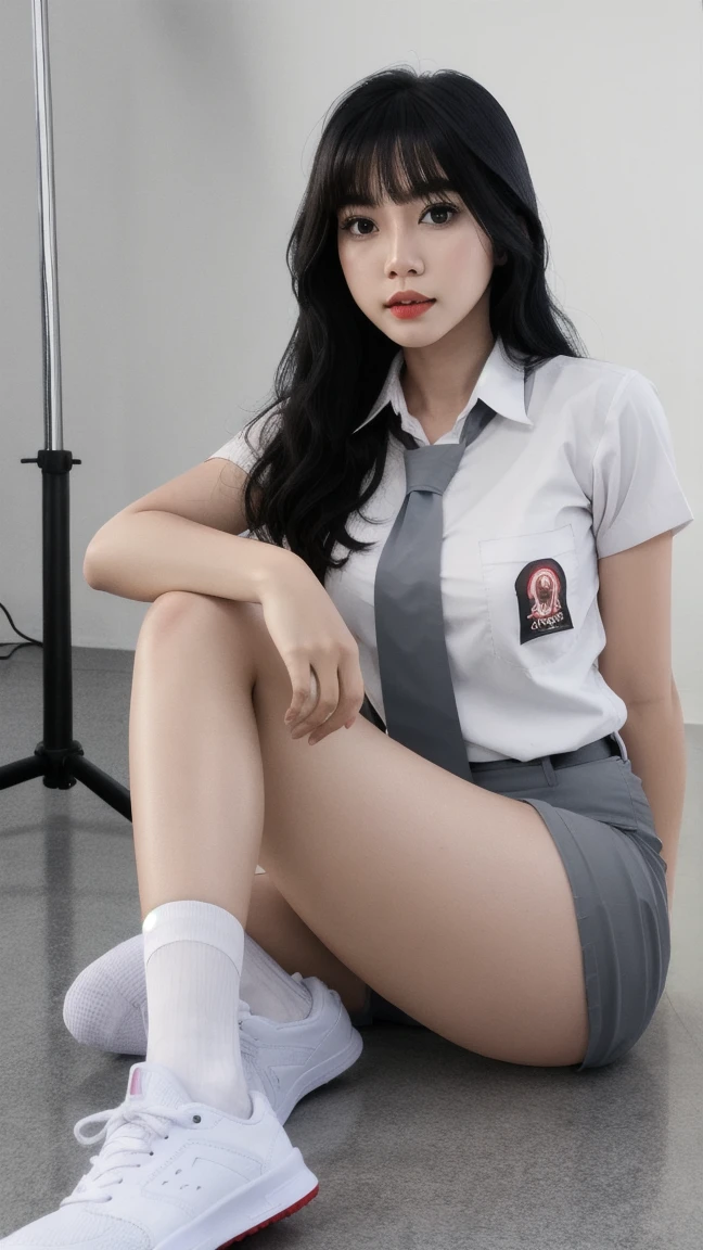 ((Best quality, Masterpiece, 8K)), 17 years old Indonesian girl. Wear Indonesian high . White shirt, gray skirt. Black belt. Beauty, half layered hair. Sitting on the chair of classroom, flirty pose. Open legs apart. Smile. Full body. White panties. Visible panties. View on camera