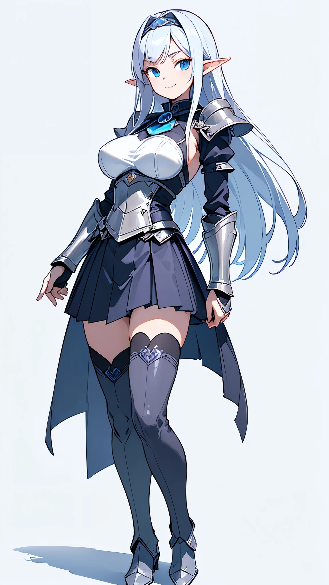 Solo, (straight long hair), strong eyes, hair color gray. She has a dignified face, blue eyes, outstanding style, breasts are medium size, (blue dress), (skirt above the knee), (wearing light armor), she has no background, full body is in the picture