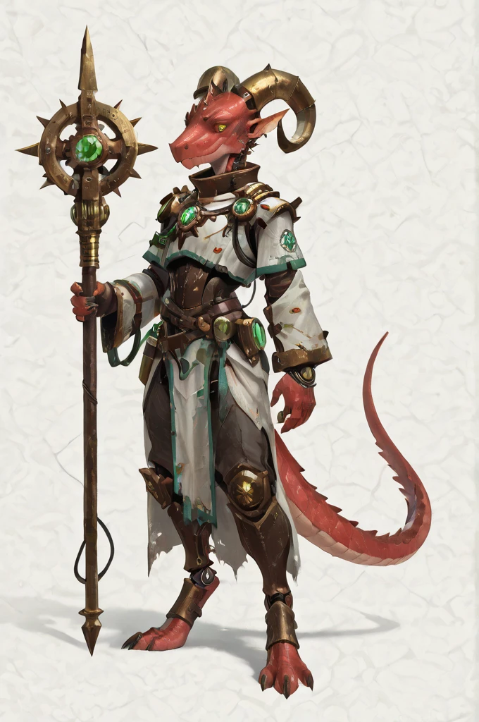 mechanical parts, pointed ears, male, kobold, red scales, artificer clothes, great horns, fullbody art, solo, lean, holding great warhammer, 