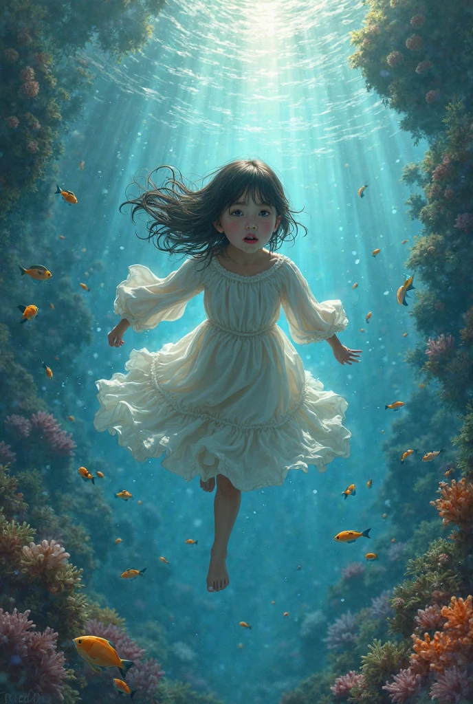 JamesJean, illustration, imagine, dream of,breathtaking anime artwork (art by Takashi Murakami:1.1) and (Krenz Cushart:1.0) , painting, selfie shot angle of a woman a drift in a flock of jellyfish, underwater, deep focus, Chibi Anime, Accent lighting, A woman is seen drifting in a school of jellyfish in an underwater scene captured from an angle. The artist's signature can be spotted at the top left corner of the painting. The background is blurred due to the deep focus effect applied by the photographer. A Chibi anime character stands out in the foreground, illuminated by accent lighting. The overall composition gives a sense of tranquility and wonderment about marine life. . anime style, key visual, vibrant, studio anime, highly detailed . award-winning, professional, highly detailed