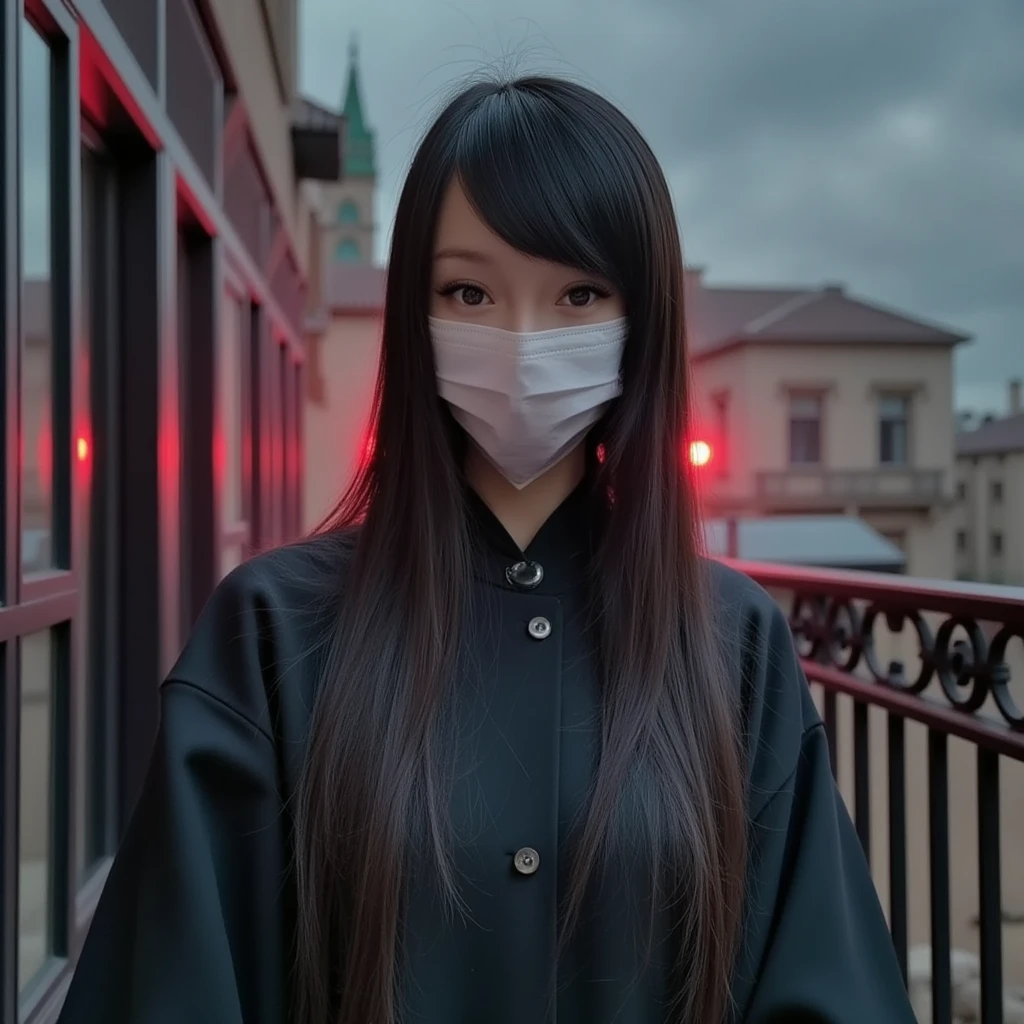 Create a realistic image of Kuchisake-onna。She has long black hair、He is wearing a white mask、Beneath it is a terrifying expression with a split mouth.。The background depicts dimly lit street corners and back alleys.、It exudes an eerie atmosphere。She is wearing a red coat、He has a big pair of scissors in his hand。Please make the image realistic and give a sense of fear overall.。