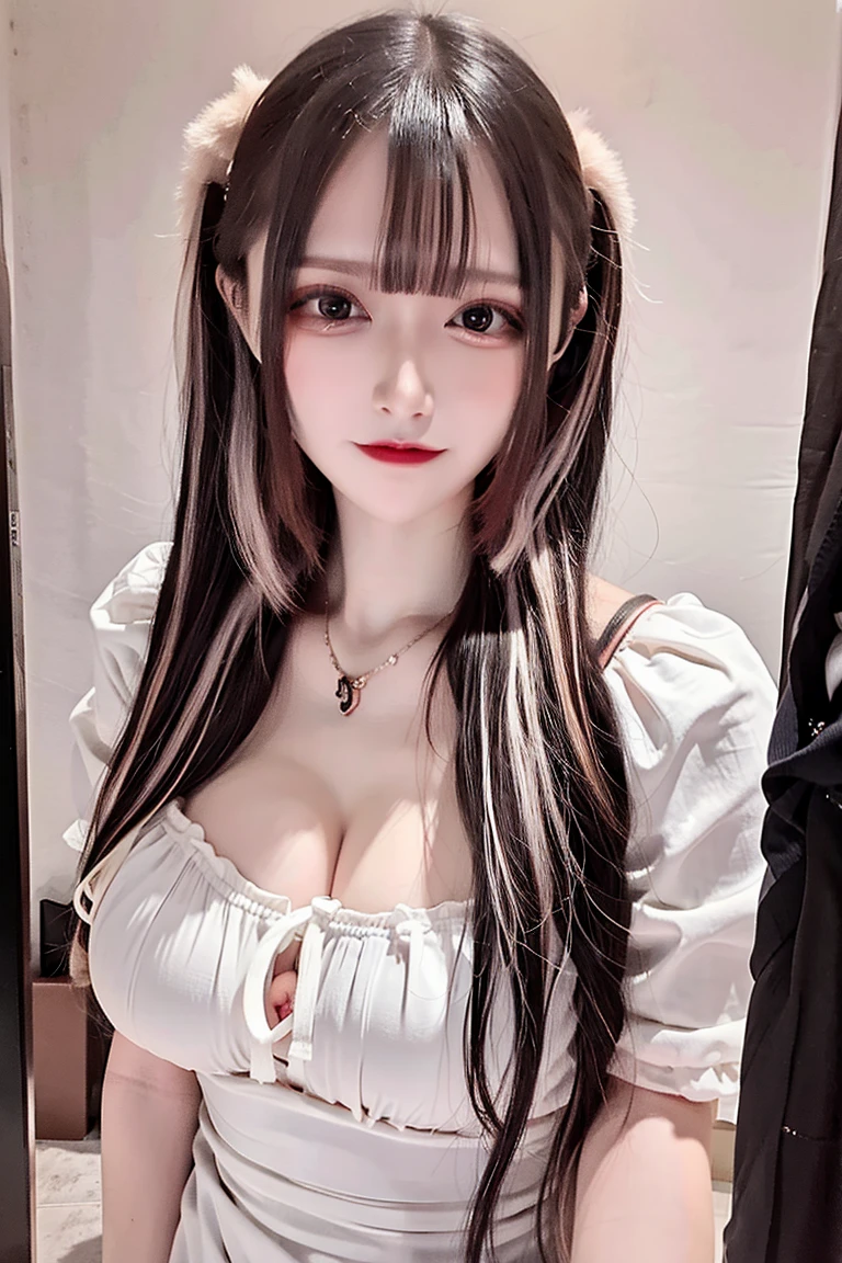 White fluffy oversized sweater、Off the shoulder、(((Big Breasts))),Big cleavage、Long black hair、jirai girl, jirai type make-up、Red eyeliner、(open doorway:1.3)、(Gloss Eye、Glossy lip lipakeup:1.2), (open mouth 、A devilish smile:1.3)