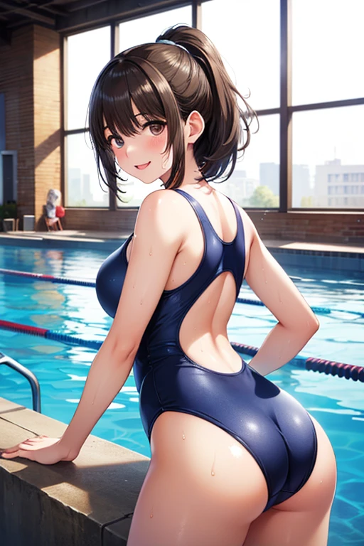 a woman in red high-top shoes and low-cut top pose in bed, 1girl, swimsuit, ass, solo, one-piece swimsuit, black hair, competition swimsuit, realistic, from behind