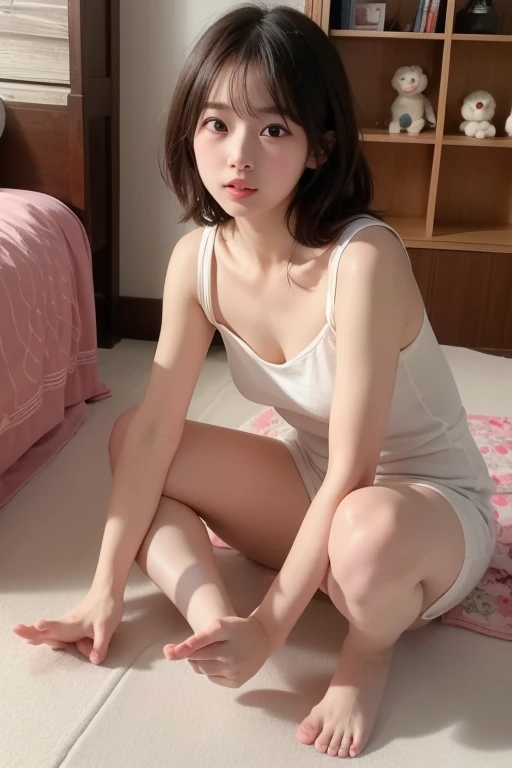 (((Highest quality,Very detailed,masterpiece,Very detailed))) ,(((Bend your knees))),loose breast,See-through,camisole,one piece,barefoot,One Girl,Realistic,Lying down,Bedroom、Looks sleepy