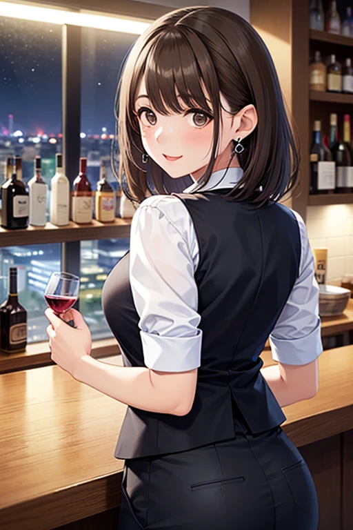 (beautiful girl : 1.3),1 girl,(bartender,白いdress shirt,black vest,slacks,plaid tie,earrings in the picture),dark haired,Asymmetric shortcuts that make electricity,Quota,Smile Yang,Embarrassing,blush,Shake the shaker,Colorful Cocktails,sophisticated dark bar,Backlit Wine Shelf,I can hear the faint sound of jazz instruments in the background,night,Skyscraper reflected in the window,Particles of Light,dynamic angle,masterpiece,top quality,rich contrast,High Definition,8k,High Definition CG Unit Wallpaper,Textures,unbelievably absurd,RAW images,deep border 1  .2,Very Detailed

、
，,
 .
、
，


、
.


,,,,
.

.


.
.


, ...

.
.
、, 







,( masterpiece, best quality, high resolution, ultra high resolution, pixel perfect, depth of field, 4K, RTTX10.0),
、Anegasaki Nene, love plus、shiny brown short hair, beautiful brown eyes, smiling face, , (fine grain), , highly detailed face,, (masterpiece:1.2, best quality), ((solo,only1 girl)), ((cowboy shot))