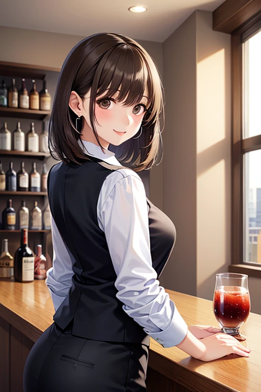 、A 40-year-old woman、Sitting at a bar,bar、Ultra huge breasts、