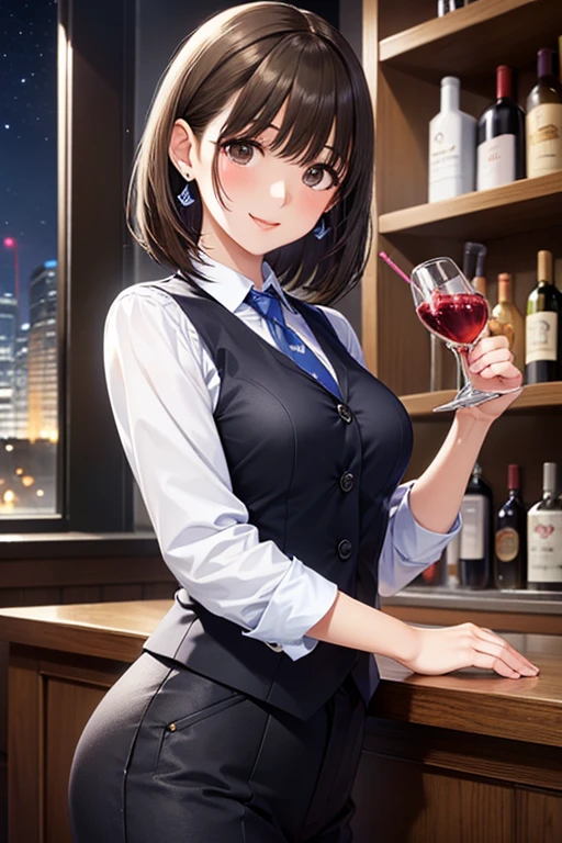 (beautiful girl : 1.3),1 girl,(bartender,白いdress shirt,black vest,slacks,plaid tie,earrings in the picture),dark haired,Asymmetric shortcuts that make electricity,Quota,Smile Yang,Embarrassing,blush,Shake the shaker,Colorful Cocktails,sophisticated dark bar,Backlit Wine Shelf,I can hear the faint sound of jazz instruments in the background,night,Skyscraper reflected in the window,Particles of Light,dynamic angle,masterpiece,top quality,rich contrast,High Definition,8k,High Definition CG Unit Wallpaper,Textures,unbelievably absurd,RAW images,deep border 1  .2,Very Detailed

、
，,
 .
、
，


、
.


,,,,
.

.


.
.


, ...

.
.
、, 







,( masterpiece, best quality, high resolution, ultra high resolution, pixel perfect, depth of field, 4K, RTTX10.0),
、Anegasaki Nene, love plus、shiny brown short hair, beautiful brown eyes, smiling face, , (fine grain), , highly detailed face,, (masterpiece:1.2, best quality), ((solo,only1 girl)), ((cowboy shot))