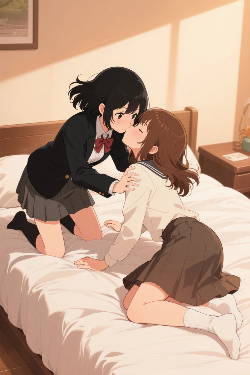 2 girls , bed, yuri sex , (Iroha issiki , brown hair),(Yukinoshita Yukino, ) ,(deep kiss) ,window ,  check skirt, the skirt is rolled up, white panties ,light blue panties,Grass