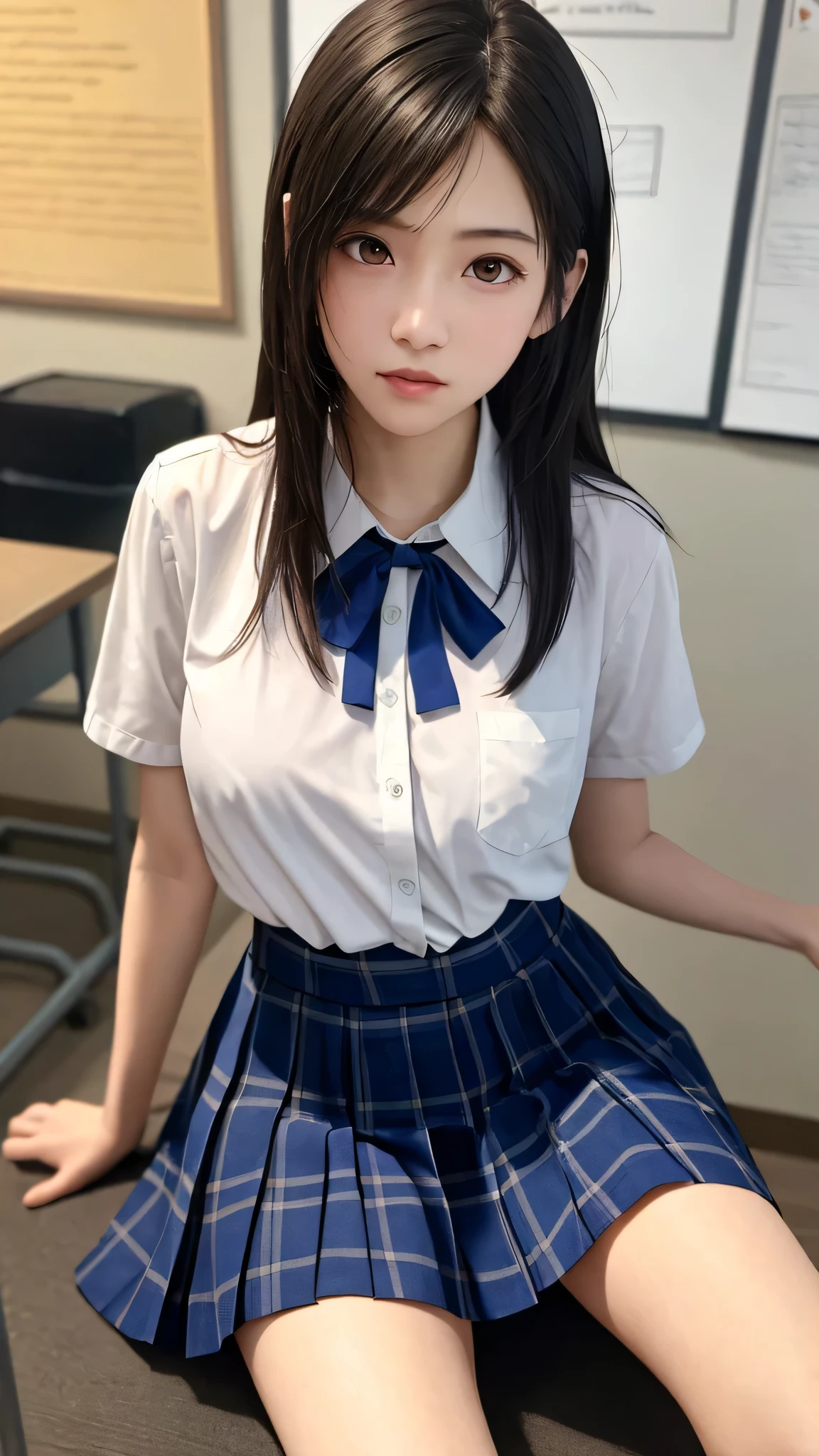  (hyper realistic:1.4), (realistic:1.3), (smooth lighting:1.05), (Improve video lighting quality:0.9), 1 female, 20 year old female, realistic lighting, Backlight, facial light, ray tracing, (cheerfulness:1.2), (Improved image quality:1.4), (Finest realistic textured skin), finely tuned, small face, red cheeks, slender body, medium breasted pointed chin,Japanese idol type, Nogizaka Idol, glowing skin, fiery idol pose, p, dull bangs, black hair, hair behind the ear, shoulder hair, long hair,tear bag,((super mini skirt,high school girl,pleated skirt,uniform:1.3))