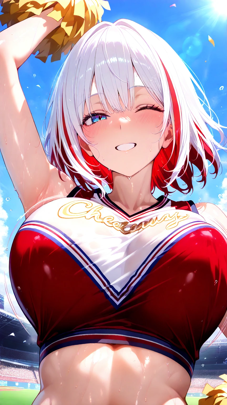 (best quality, masterpiece), 1 girl, centaur, It takes, White skin, Korean , Smiling, Athletic Competition, 
cheerleader, exposing the abdomen,belly button t-shirt, 아름다운 소녀 perfect white tiger photo, perfect white tiger photo