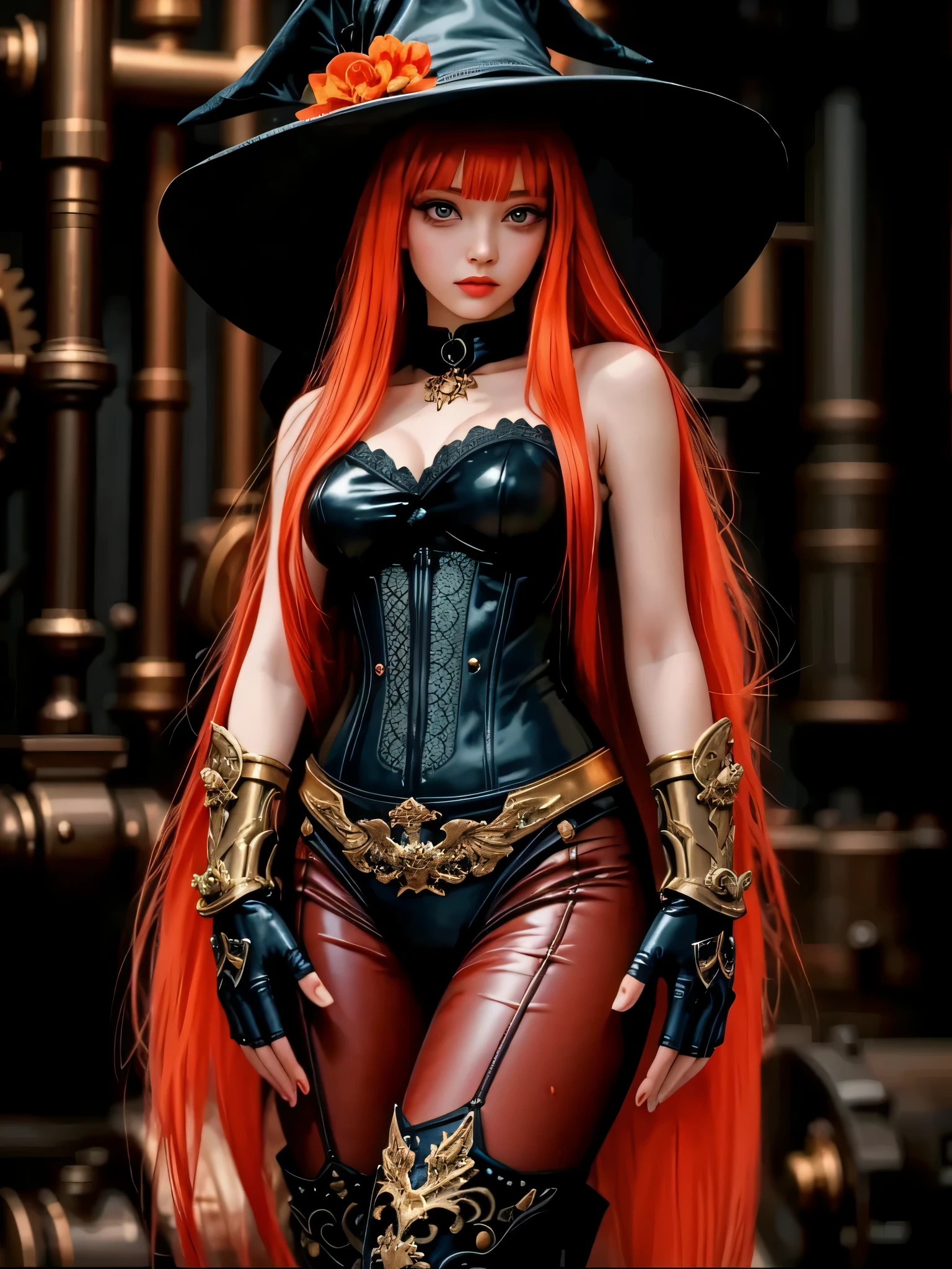 ((Highly accurate drawing across the details) Extremely accurate depiction )[high res],((realistic texture expression)),(Clear and precise illustrations),(Very fine and precise drawing ),(Delicate lines with slow speed)[[Beautifully color-tressed main lines]],Boiler room background[Golden Gears,Brass Pipe,[Dancing Flames]],[HENTAI[[ ANIMATED]]]([[Asian]beautiful Japanese girl]GIRL Fire Witch(Beauty) Age 19)(Beautiful eyes with big eyes )[round face[Small Faces]](Fiery Redhead[Very Long Hair])[Thin breasts]Thick thighs,[Beautiful skin that is as clear as ice [Transparency]],(Phoenix Crest)Witch Hat(Patent leather suit)thigh high boots[brass gauntlet[Resplendent Ornamented Gauntlet]][frills [Lace embroidery]][punk fashion],[SteamPunk]gravure[Flame light][Natural Eros],(Intricate and beautiful decoration[high density details]),(Fine, and beautiful skin expression[Transparencyのあるリアルな皮膚テクスチャ]),(Beautiful eyes drawn with precision detail[Clear, large eye contours])[[深いTransparency][Sharply defined pupils](Iris like a gemstone that intricately reflects light)((Beautiful eyes clearly drawn down to the smallest detail))]),[[Eye Light]],[Long and beautiful eyelashes],[Soft looking lips[Slightly wet luster]],[[Uncluttered hairstyle]Precisely drawn hair one by one[美しく艷やかな髪のdetails]],(完璧な手のdetails[Beautiful fingers without flaws[Beautiful nails]]),[[[[Beautiful navel]リアルな臍のdetails]]],(Perfect Anatomy(Perfect, well-balanced proportions))[[full body view:0.4]],[[High level of design[The golden ratio]]][Ideal Colors Coordination(Accurate simulation of the interaction between light and materials)[Beautiful and vivid color(Moderately soft contrast balance)[Soft chroma]]],([precise details][HighQuality]high res(details(High precision in selection))),[[Soft ambient light[Soft Focus]]],[[photorealistic]],[[Deep color expression like thick paint(Transparency)]][Narrative visual art][[full body view:0.4]][Colorful],[[Personalization]](High-density drawing expressions)(最high res).
