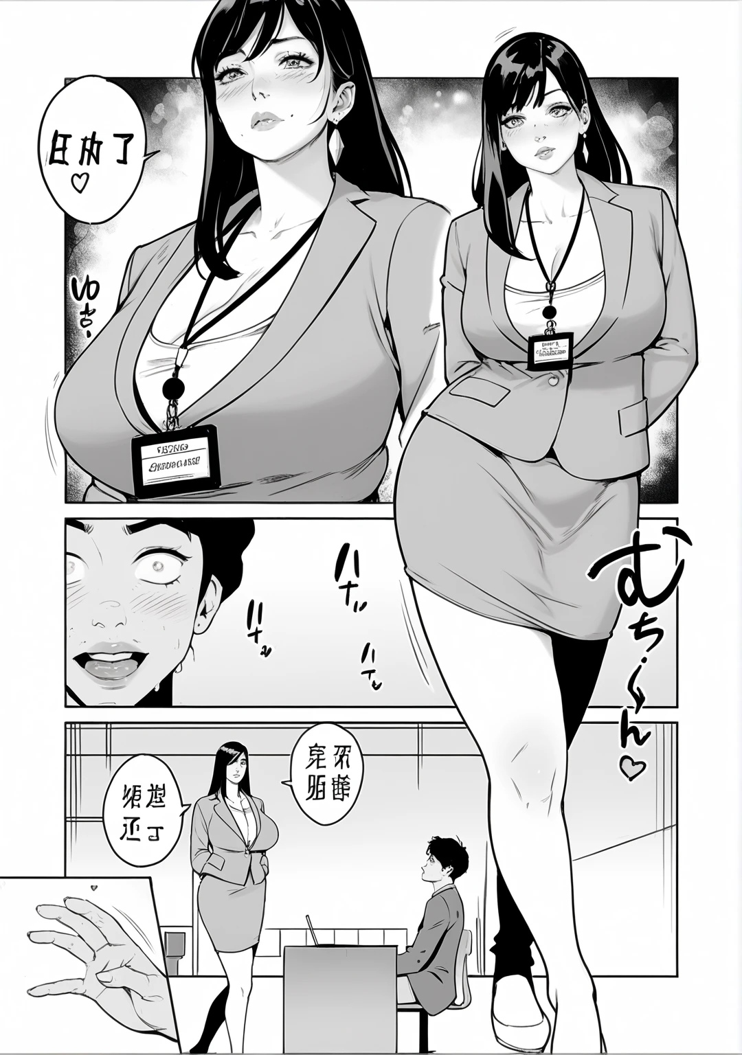 Sketches of an anime woman in secretary clothes with a third and wide breasts, wide thighs, with kentes, drawn in pencil, Whole body, His rest is replaced by an LED screen that expresses his emotions 