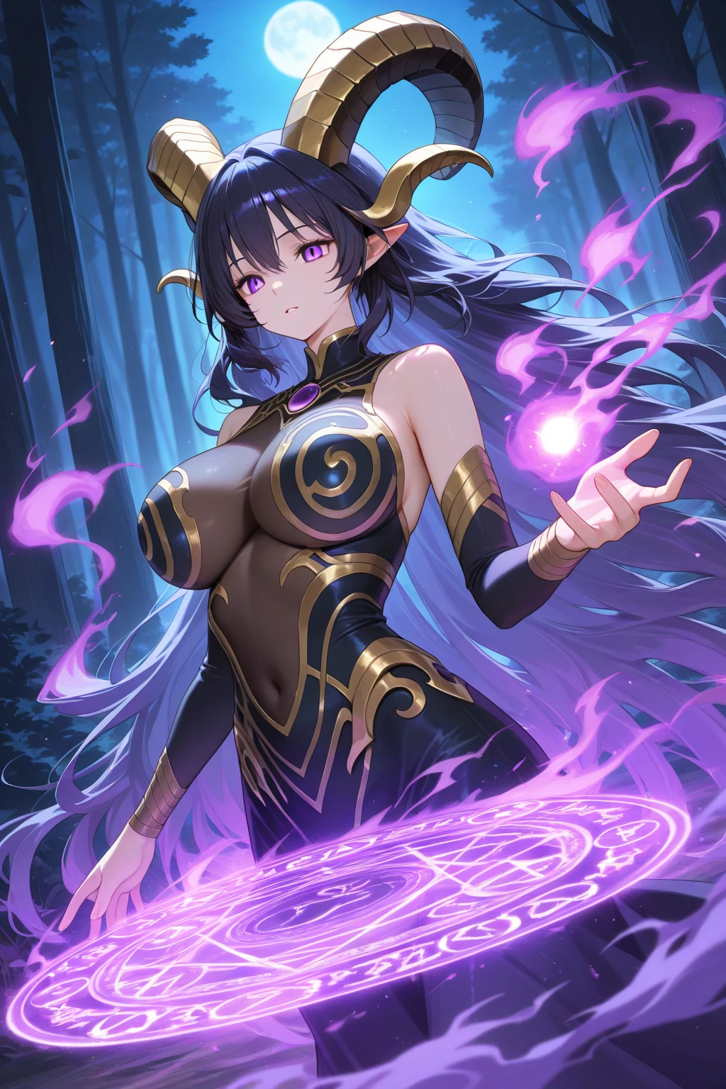 Anime style, perfect face, high resolution, ((masterpiece)), ultra detailed, 4k, portrait, ((from front)), ((1woman)), Elf, ((detailed black flowing hair tied up with golden ornament)), ((hair over one eye)), adult, mature, (((dark skin))), (bright violet eyes), stoic, (medium chest), wide hips, long legs, (Black and gold fantasy armor with exposed belly and cleavage), elegant, standing by cliff, (wielding golden magic staff in one hand), ((magical background)), night time, full moon, (mystery), dark lighting, mountain range scenery, (mist)