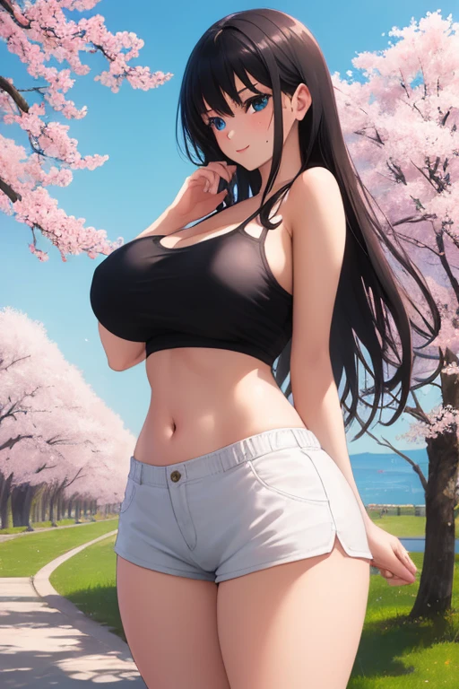 ((1girl, solo)), yor briar, large breasts, beautiful body, (perfect anatomy, perfect body, perfect hands, perfect legs), nice hands, natural proportions, sexy body, standing, cowboy shot BREAK 

((extremely detailed face)), (red eyes:1.5), (beautiful detailed eyes:1.6), (realistic pupils, realistic iris:1), expressive eyes, looking at viewer, (clear eyes:1.3), (hyperrealistic:1.2), (detailed skin texture:1.2), smooth skin, black hair, sidelocks, long hair, white hairband, (detailed lips:1.2), (attractive lips:1.1), (glossy lips:1.1), perfect face, perfect eyes, gold earrings BREAK

black tank top, camisole, collarbone, cleavage, covered nipples, bare shoulders, midriff peek, navel, ((dolphin shorts)), (short shorts:1.3), ((red shorts)), ((black drawstring)), thighs BREAK

(masterpiece:1.5), anime-style, top quality, best quality, (beautiful and aesthetic:1.2), (ultra detail:1.5), Ultra-detailed depiction, Ultra-precise depiction, extremely detailed 8k illustration, high resolution, (highly detailed shading:1.2), (realistic lighting:1.4), perfect lighting, vibrant colors, dynamic tones, striking hues, 8k, absurd resolution, perfect shadows, hdr, UHD, ambient lighting, realistic, ultra-realistic, photo realistic, highly detailed, rich detail, luminous colors, fine texture, intricate design, professional illustration, (soft light:1.2), (illustration:0.7)