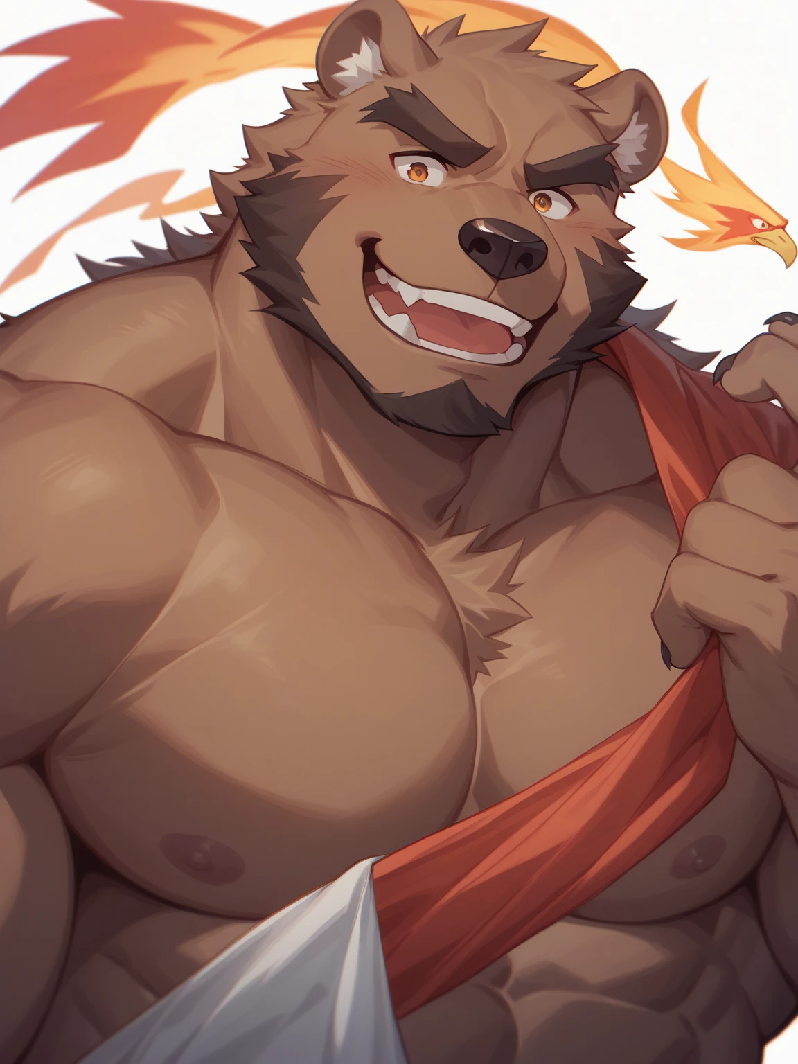 cel-shading, 1boy, abs, bara, bare pectorals, bare shoulders, black hair, body hair, brown hair, copious luxuriant bushy far-reaching chest hair, clothing cutout, cuffs, dark skinned male, thick facial hair, handcuffs, jewelry, large pectorals, long bushy black sideburns, male focus, mature male, medium hair, slim, muscular, muscular male, navel, pectorals, short hair, sideburns, solo, stomach, stubble, thick thighs, thigh cutout, minimalist clothing, thighs, tight, watch, wolf, pubes, pubic hair, happy-trail, treasure-trail, copious luxuriant bushy far-reaching nether-hair, very hairy snatch, wide landing strip