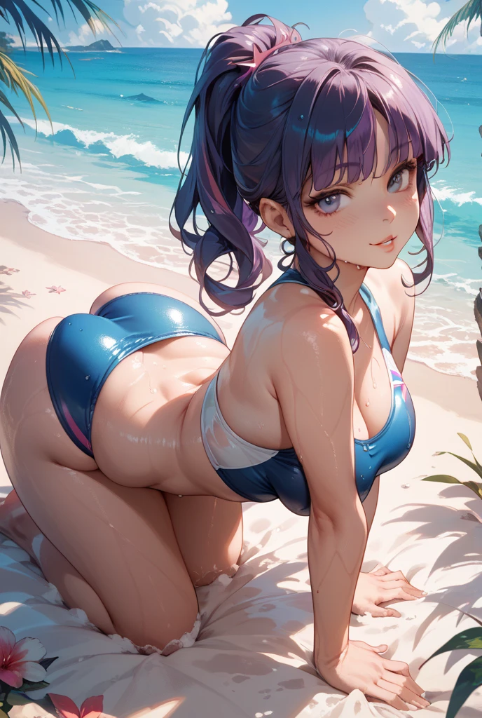 ((best quality)), ((masterpiece)), (detailed), purple haired, suicidal and big butt girl