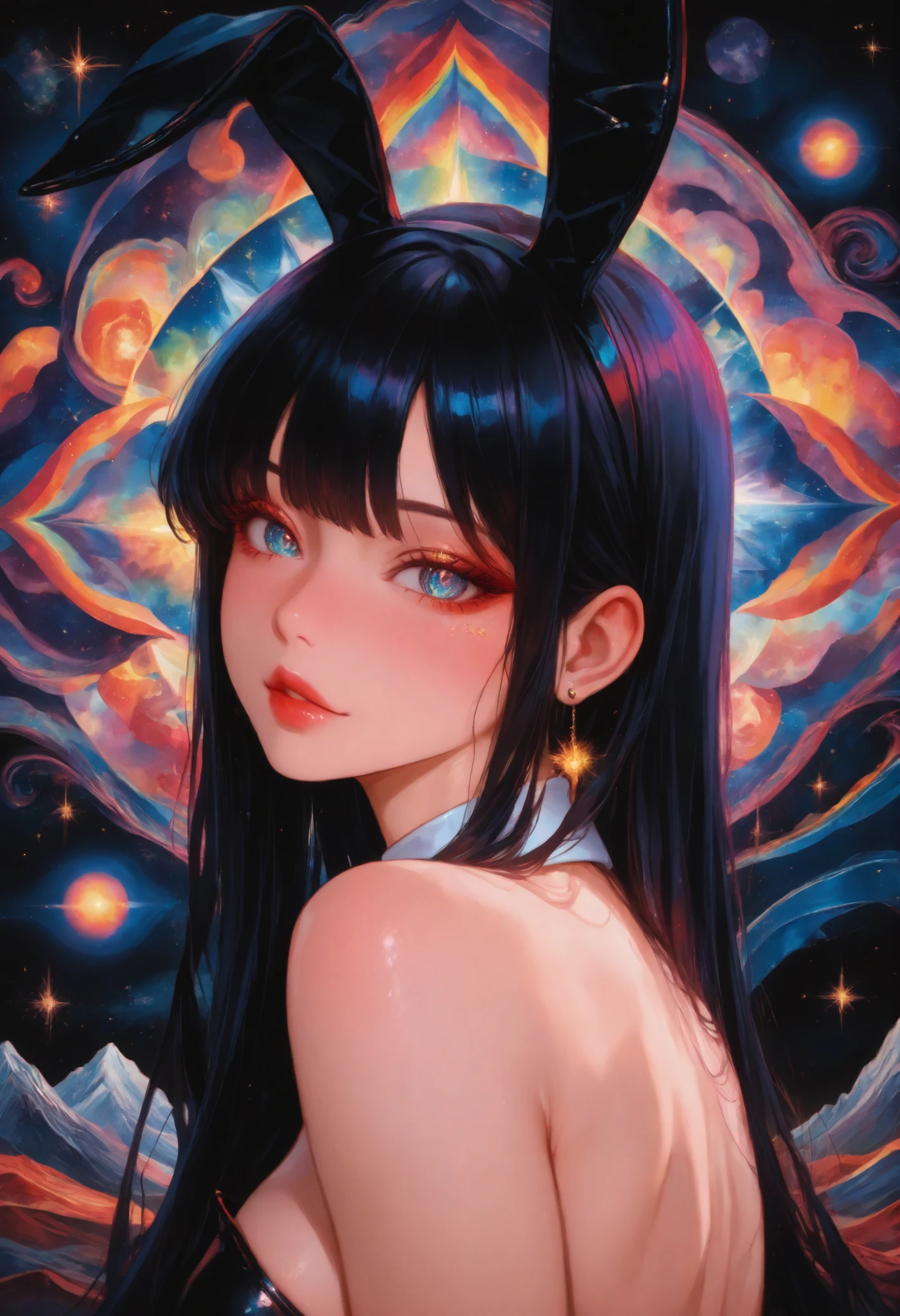 br_art, masterpiece, very aesthetic, upper body, 1girl, playboy bunny, Psychedelic Art, fractal art, sensual vibe, detailed high-definition illustration, hold a utopian, anime style, beautiful girl, beautiful girl, Erotic light , Lounge background.