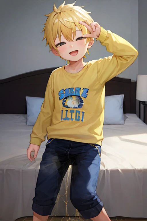 younge boy, Yellow hair, Blue children's clothing, (( stain)), Smiling, Inside the bedroom