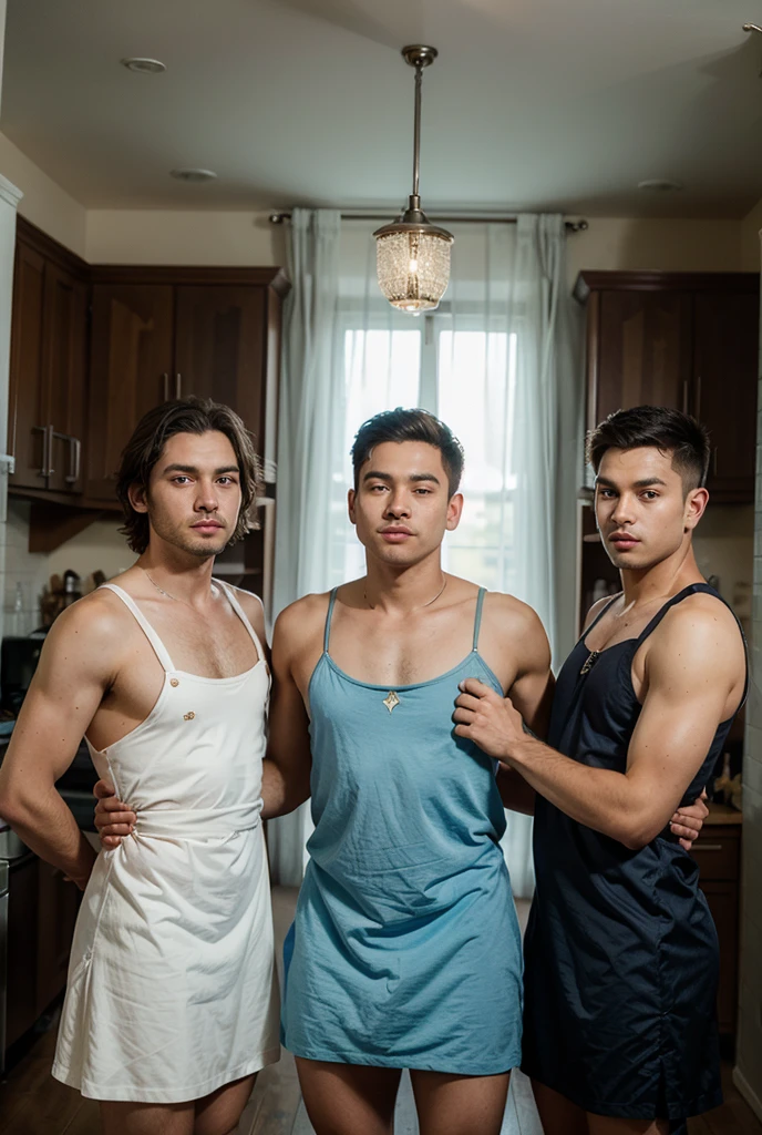 3 young people of 20 years, en boxers, con un bulto muy grande y largo en la entrepierna.