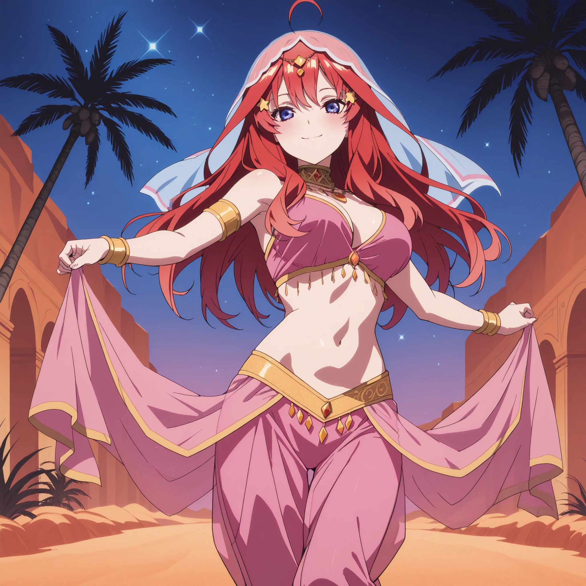1girl:1 . 5) , (Seul:1 . 5) , score_9 , score_8_haut , score_7_haut , source_anime , Official work , ultra-detailed , masterpiece , best quality , high res , beaux yeux , detailed eyes , Detailed Face , beautiful detailed eyes , Quintessential Quintuplets , Nakano Itsuki, Arabian Dancer ,belly dancer costume , face veil, veil , golden jewelery,harem outfit, harem skirt, harem pants, belly dancing, harem veil , night , desert landscapse, palm tree , seductive smile, dancing with veil, dynamic movement, sexy pose