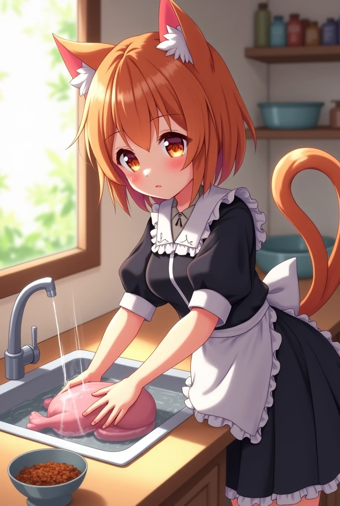 A male tall teenager Wolf hybrid cat with Orange fur with blue colour eyes, wear maid clothes and he begging to stop with tail being hold tight and pull by hand, body trembling and Satisfied with small cock are have fuck threesome in public 