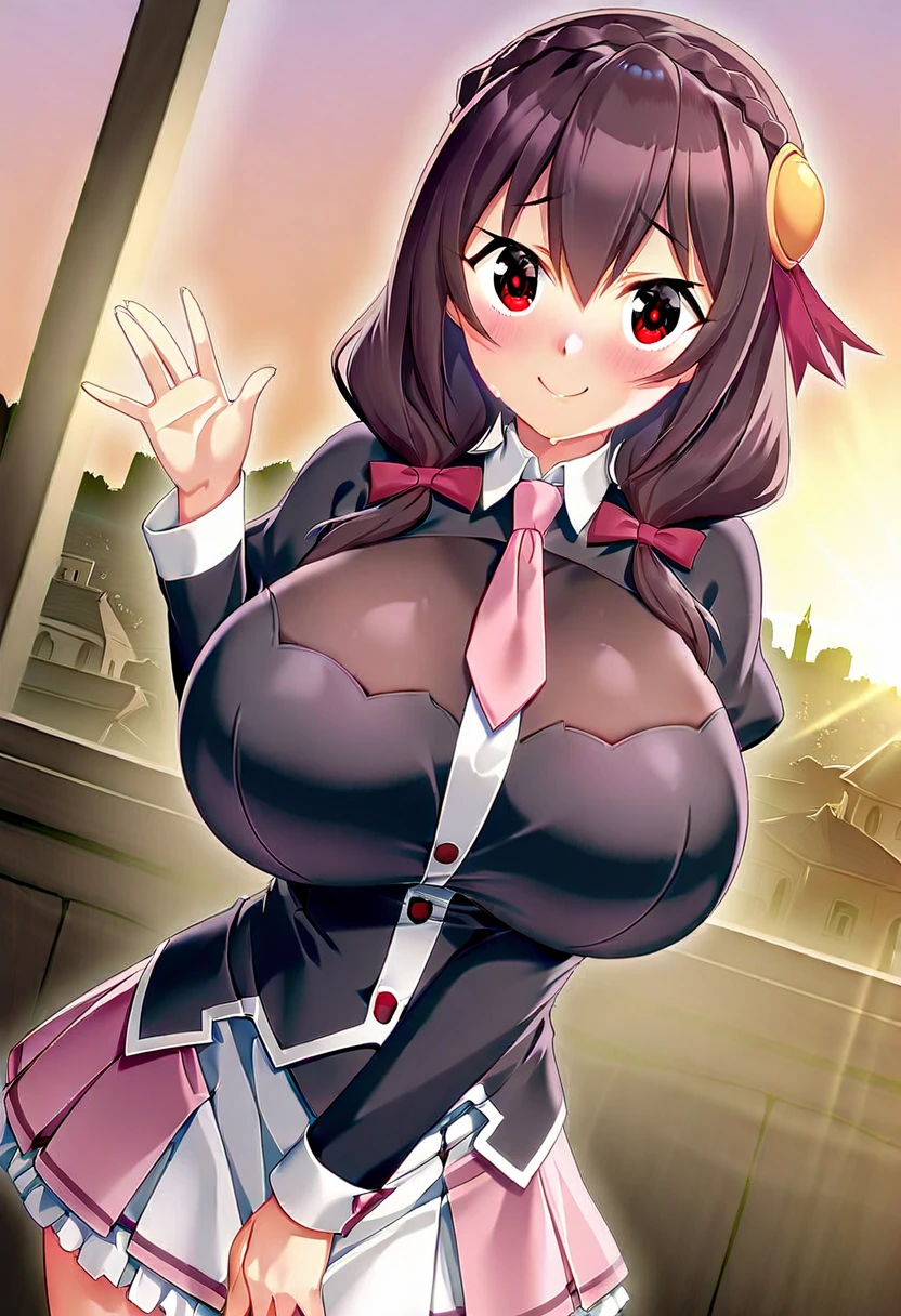 a Cute Young Girl, with Ridiculously Excessively Extremely Enormously Gargantuan Thighs, (Long-ish Dark-Brown Hair), Big Beautiful Blue Eyes, Absurdly Gigantic Butt, Unreasonably Ginormous Breasts, wearing a Black Skirt that is slightly too short, and a Red top, big cleavage, with a very Embarrassed expression, looking at the camera with a embarrassed smile, she is embarrassed by her ludicrously Overinflated Thighs and Breasts, (Ludicrously Huge, Ridiculously Excessively Oversized Thighs), (Ludicrously Huge, Ridiculously Excessively Oversized Breasts),