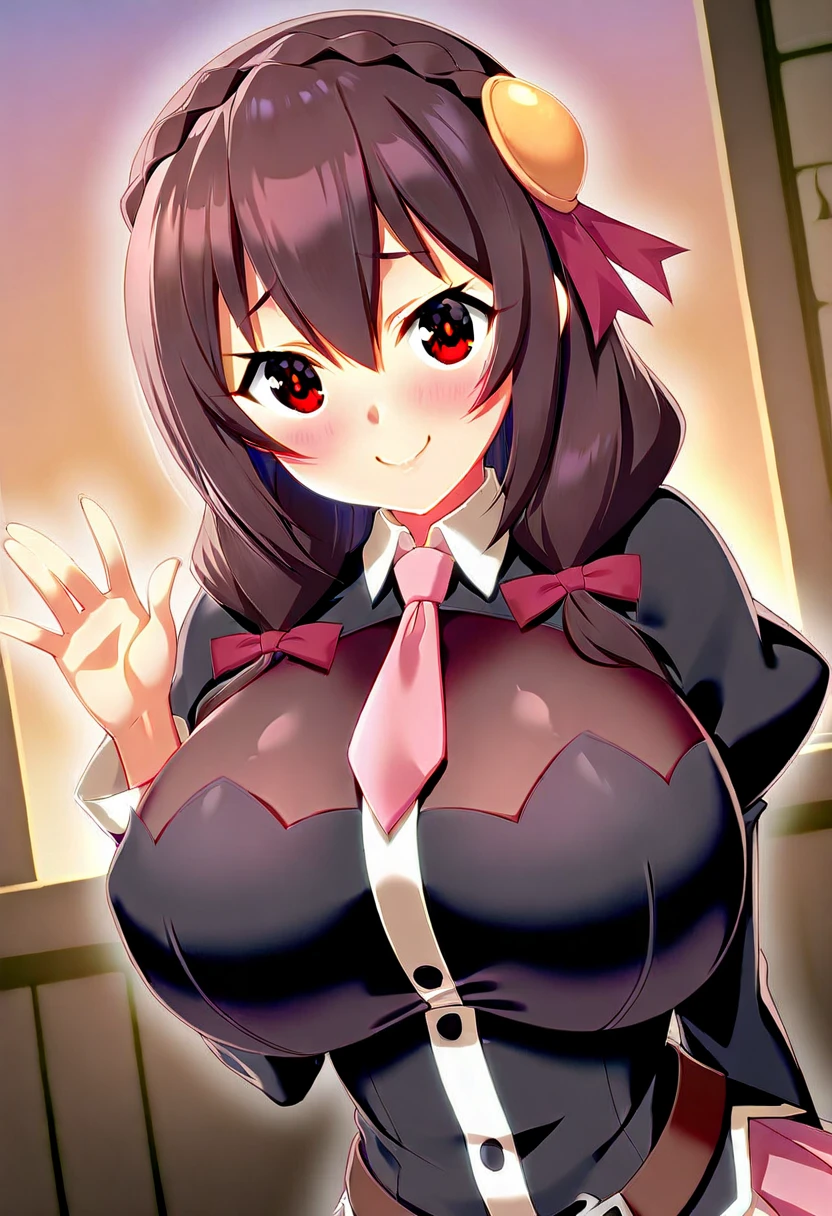 (masterpiece, Highest quality), One girl, Yunyun,Long Hair,Braiding,Twin tails,Hair between the eyes,Red hair ribbon,hair ornaments,large round breasts,、Pink Skirt、Black Hair、Crown Blade,Black Shirt, Long sleeve,Pink tie, belt, Cleavage cutout、(blush:1.2)、Young face、(Sparkling red eyes:1.2)、View the viewer