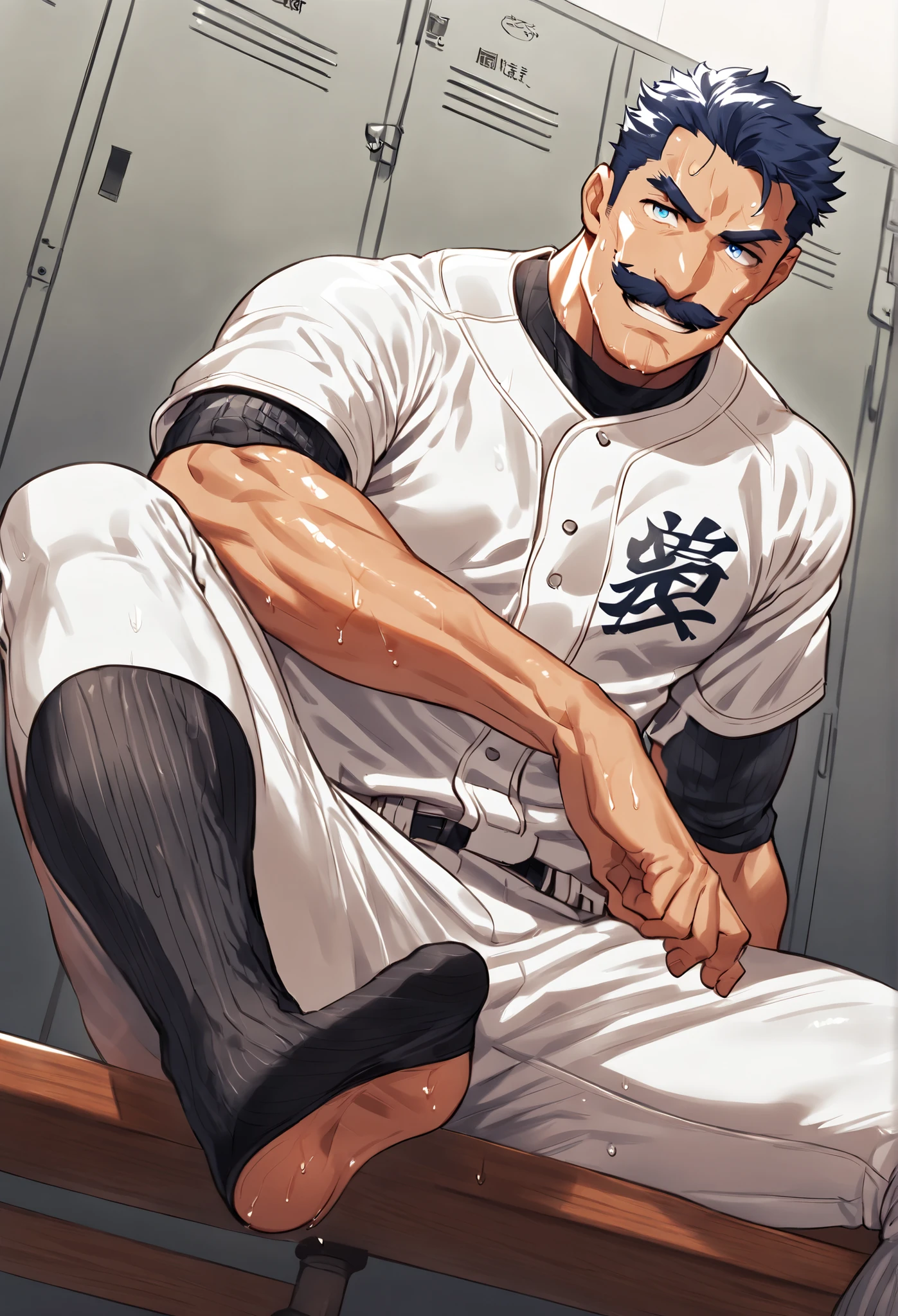 A middle-aged, muscular baseball player, sitting on a bench in the locker room, wearing a very sweaty baseball uniform, grinning, showing the sole of shoeless his left foot towards the viewer closely, wearing black socks, mustache, sweaty body, dark blue hair, light blue eyes, looking at the viewer, shoeless